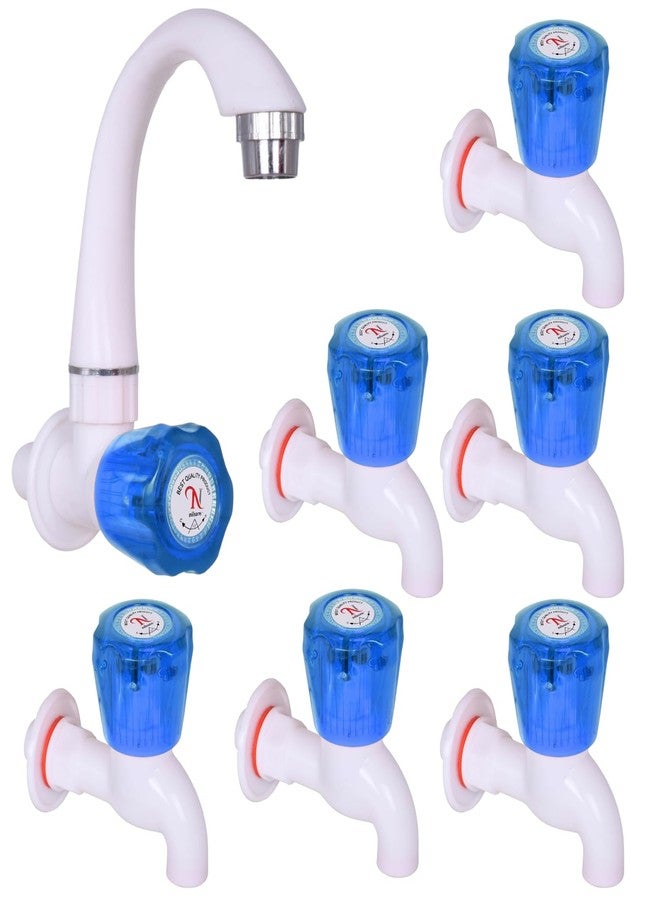 Nilsons Crystal Blue 7 Pc Water Tap Set | 6 Bib Cocks + 1 Sink Tap | Plastic Faucet for Bathroom, Kitchen, Garden | Wall Mounted | Unbreakable Body | Leak-Proof | White & Blue - Image 1